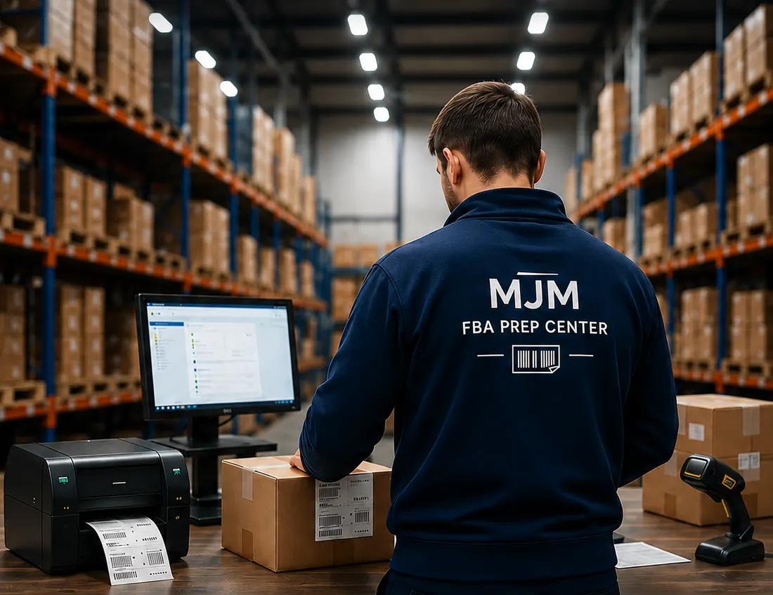 Operatore MJM al banco di etichettatura, con stampante FNSKU e scatole pronte per Amazon